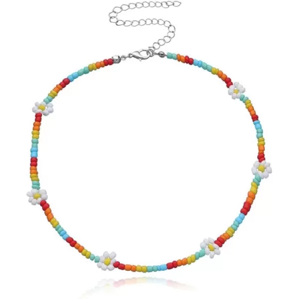 Dtja Boho Bead Flower Necklace for Women Girls Bohemian Colorful Ball Bead Seed Handmade Adjustable Choker Chain Layered Bracelet Anklet Beachy Y2K Necklaces GiftColorful