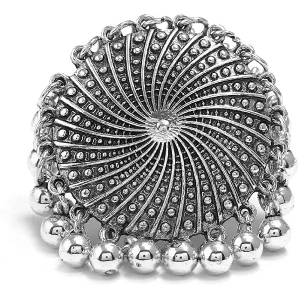 Dtja Boho Big Teardrop Statement Ring for Women Girls Vintage Tassel Ball Bead Adjustable Open Band Cocktail Party Ring Comfort Fit Gypsy Indian Bollywood Peacock Tail Exaggerated JewelrySilver