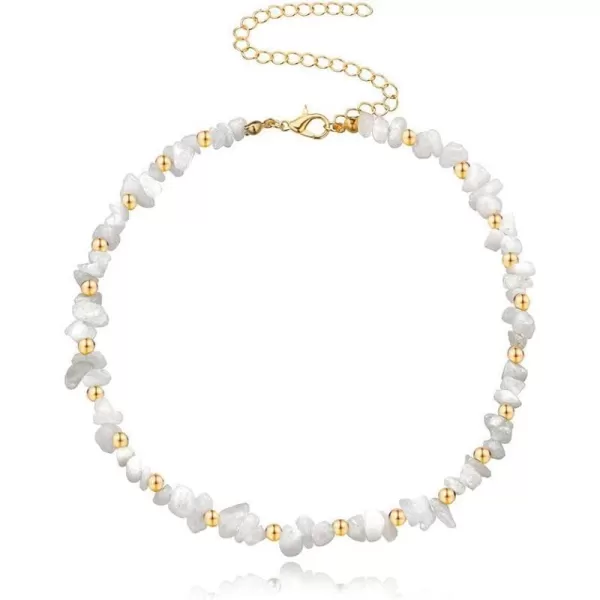 Dtja Boho Irregular Stone Choker Necklace for Women Girls Bohemian Turquoise Selenite Crystal Bead Gold Flower Charm Chain Toggle Clasp Nickel Free Retro Y2K JewelryWhite
