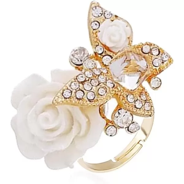 Dtja CZ Butterfly Flower Wedding Ring for Women Girls Statement Engagement Rectangle Rhinstone Aryclic Rose Adjustable Open Wrap Finger Rings Comfort Fit Cocktail Party Vintagage Jewelry GiftWhite