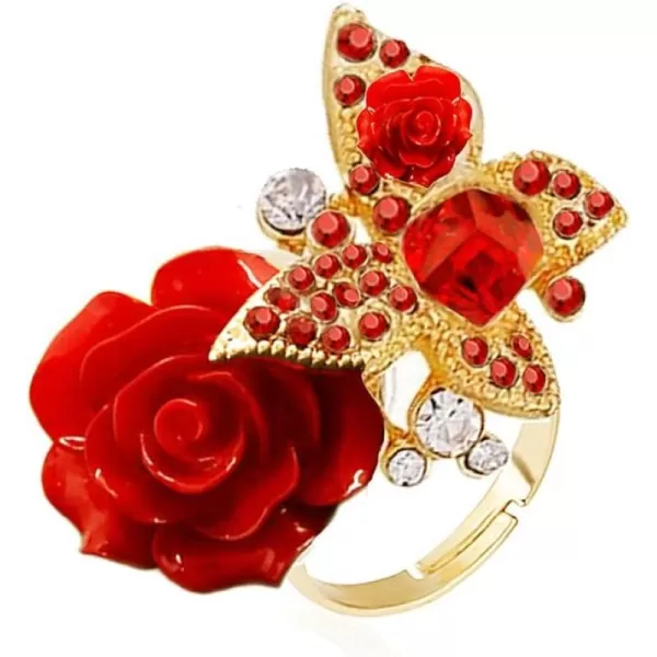 Dtja CZ Butterfly Flower Wedding Ring for Women Girls Statement Engagement Rectangle Rhinstone Aryclic Rose Adjustable Open Wrap Finger Rings Comfort Fit Cocktail Party Vintagage Jewelry GiftRed
