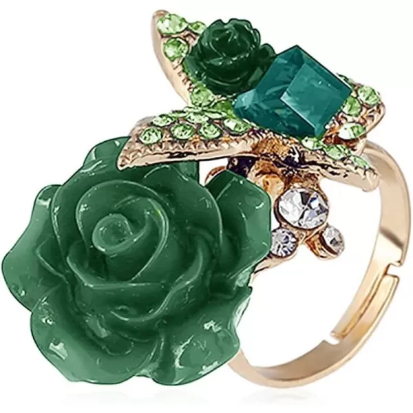 Dtja CZ Butterfly Flower Wedding Ring for Women Girls Statement Engagement Rectangle Rhinstone Aryclic Rose Adjustable Open Wrap Finger Rings Comfort Fit Cocktail Party Vintagage Jewelry GiftGreen