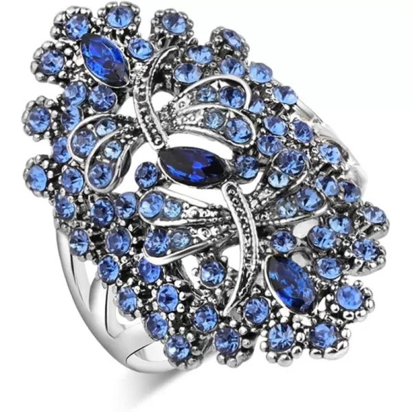 Dtja CZ Dragonfly Wedding Statement Ring for Women Girls Oxidized Silver Plated Cubic Zirconia Filigree Wide Band Finger Rings Comfort Fit Vintage Birthday Party Prom Jewelry Gift Size 8Blue Diamond