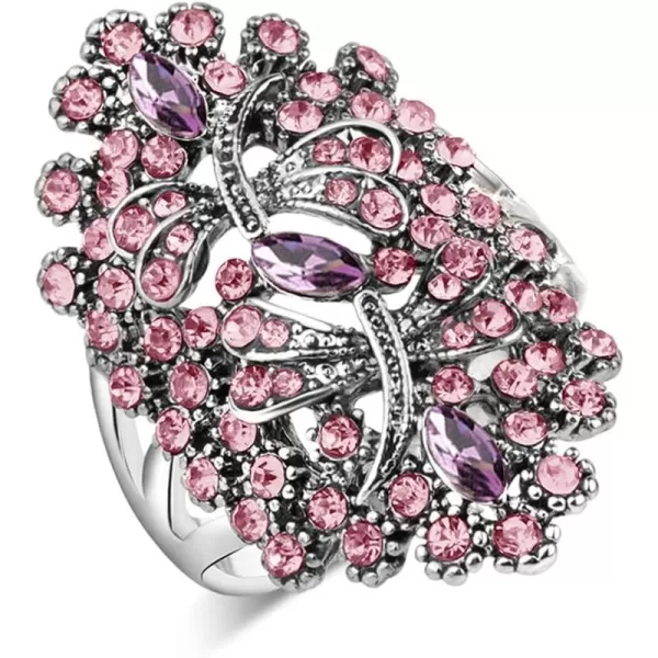Dtja CZ Dragonfly Wedding Statement Ring for Women Girls Oxidized Silver Plated Cubic Zirconia Filigree Wide Band Finger Rings Comfort Fit Vintage Birthday Party Prom Jewelry Gift Size 8Pink Diamond