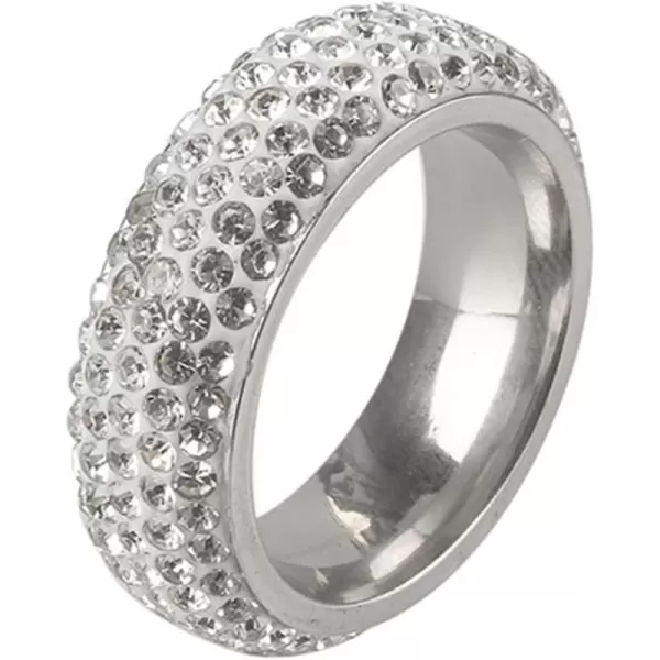 Dtja CZ Iced Out Wedding Statement Ring for Women Men Stainless Steel White Gold Plated 7mm 5 Rows Crystal Wide Band Rings Comfort Fit Fashion Punk Engagement Birthday Christmas Jewelry GiftSize 9