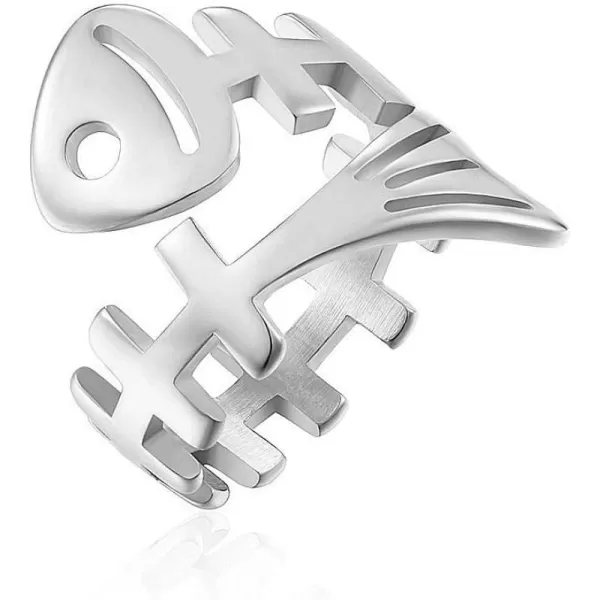 Dtja Punk Fish Bone Open Band Rings for Women Girls Stainless Steel Statement High Polished Skeleton Comfort Fit Tarnish Resistant Exquisite Expandable Ring Personalized JewelrySilver 7