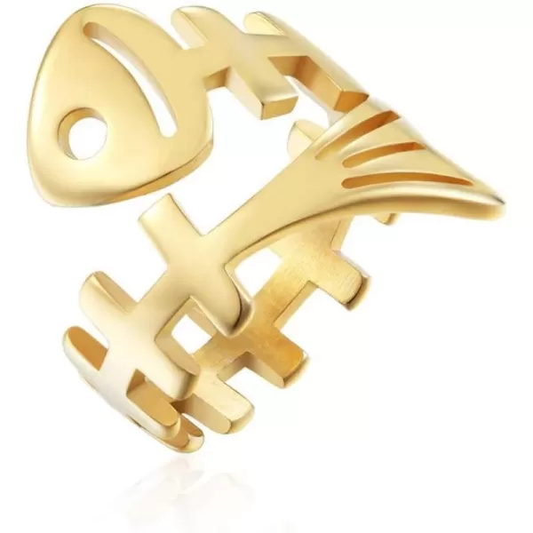 Dtja Punk Fish Bone Open Band Rings for Women Girls Stainless Steel Statement High Polished Skeleton Comfort Fit Tarnish Resistant Exquisite Expandable Ring Personalized JewelryGold 6