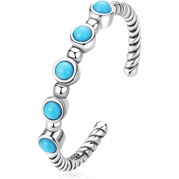 Dtja Turquoise 925 Sterling Silver Rings for Women Girls CZ Blue Birthstone Boho Stackable Band Ring Birthday Wedding Jewelry GiftBall Bead Adjustable