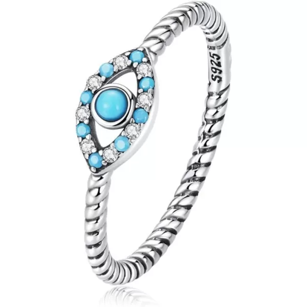 Dtja Turquoise 925 Sterling Silver Rings for Women Girls CZ Blue Birthstone Boho Stackable Band Ring Birthday Wedding Jewelry GiftEvil Eye Size 8