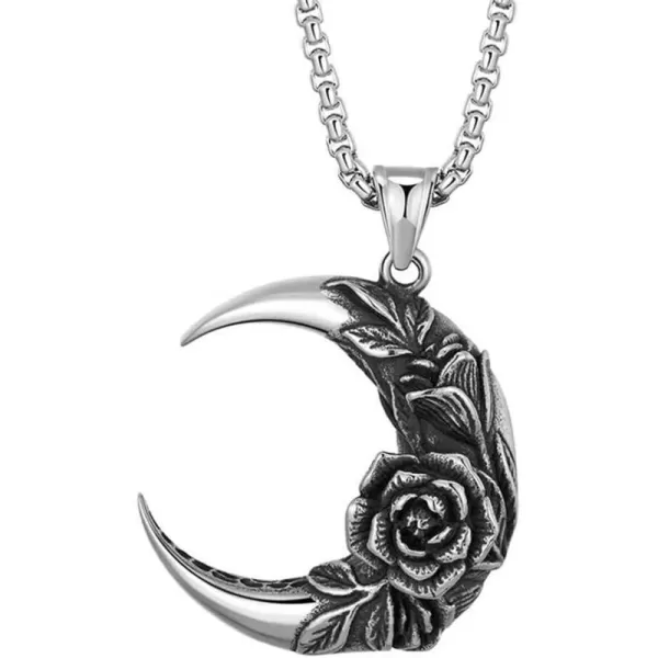 Dtja Vintage Flower Moon Pendant Necklace for Women Girls Men Antique Silver Plated Stainless Steel Rose Engraved Crescent Box Chain Punk Rock Jewelry Unisex Gift 24 inchDtja Vintage Flower Moon Pendant Necklace for Women Girls Men Antique Silver Plated Stainless Steel Rose Engraved Crescent Box Chain Punk Rock Jewelry Unisex Gift 24 inch