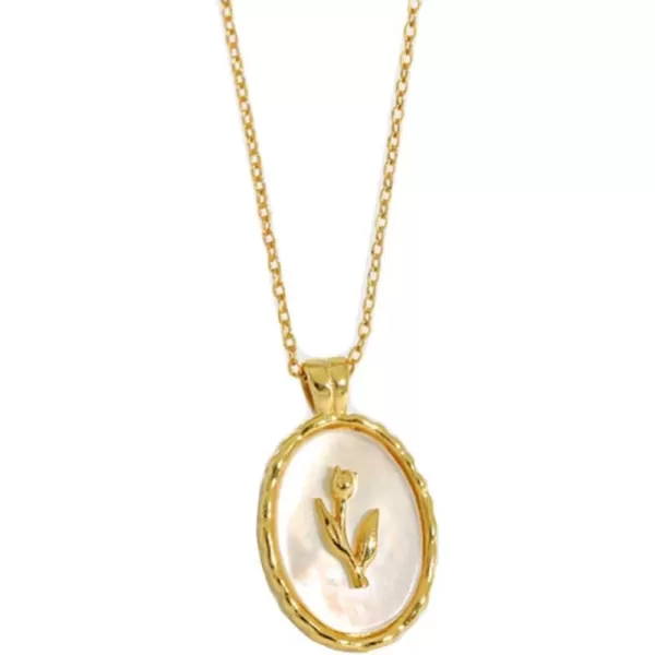 Dtja Vintage Tulip Flower Pendant Necklace for Women Girls s925 Sterling Silver 18K Gold Plated Embossed Oval Link Chain Adjustable Christmas Valentine Birth Month Jewelry Gifts for MotherGold