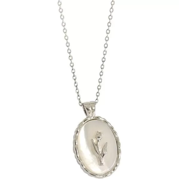 Dtja Vintage Tulip Flower Pendant Necklace for Women Girls s925 Sterling Silver 18K Gold Plated Embossed Oval Link Chain Adjustable Christmas Valentine Birth Month Jewelry Gifts for MotherSilver