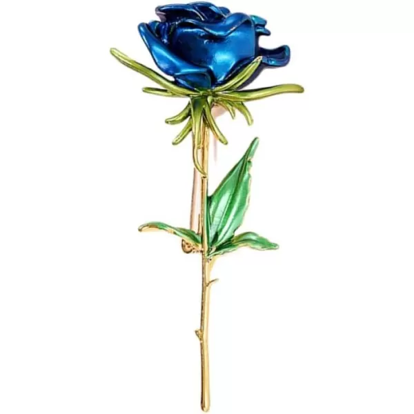 Enamel Rose Flower Brooch Pin for Women Girls Men Alloy Fashion Gold Green Leaf Blossom Brooches Lapel Pins Dainty Dress Accessories Jewelry Boutonniere Corsage for Hat Bag Suit Tie Wedding Birthday AnniversaryBlue