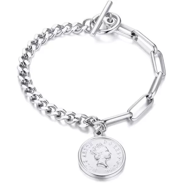 Fashion Link Charm Coin Bracelet for Women Girls Stainless Steel Asymmetrical Toggle Chain Queen Elizabeth Goddess Worship Celebrity Medallion Keepsake Dainty Jewelry Gifts SilverFashion Link Charm Coin Bracelet for Women Girls Stainless Steel Asymmetrical Toggle Chain Queen Elizabeth Goddess Worship Celebrity Medallion Keepsake Dainty Jewelry Gifts Silver
