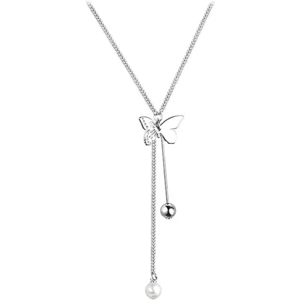Filigree Butterfly Y Pendant Necklace for Women Girls Silver Plated Delicate Faux Pearl Ball Bead Tassel Drop Choker Necklaces Nickel Free Jewelry Birthday Wedding GiftsFiligree Butterfly Y Pendant Necklace for Women Girls Silver Plated Delicate Faux Pearl Ball Bead Tassel Drop Choker Necklaces Nickel Free Jewelry Birthday Wedding Gifts