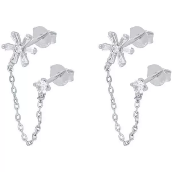 Flower Double Piercing Tassel Chain Drop Dangle Cubic Zirconia Stud Earrings for Women Girls S925 Sterling Silver Dainty 2 Hole Tragus Post Pin Fashion Holiday Birthday Christmas JewelrySilver