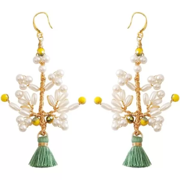 Handmade Pearl Tree Dangle Earrings for Women Girls 18K Gold Plated Orange Acrylic Bead Boho Lightweight Fringe Statement Drop Hook Stud Hypoallergenic Retro Birthday Anniversary Party Jewelry GiftsGreen