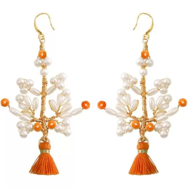 Handmade Pearl Tree Dangle Earrings for Women Girls 18K Gold Plated Orange Acrylic Bead Boho Lightweight Fringe Statement Drop Hook Stud Hypoallergenic Retro Birthday Anniversary Party Jewelry GiftsOrange