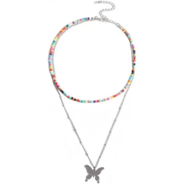 Layered Butterfly Bead Choker Pendant Necklace for Women Girls Silver Plated Polished Big Animal Boho Colorful Rainbow Beaded Seeds Chain Fashion Hawaiian Summer Beach Y2K JewelryLayered Butterfly Bead Choker Pendant Necklace for Women Girls Silver Plated Polished Big Animal Boho Colorful Rainbow Beaded Seeds Chain Fashion Hawaiian Summer Beach Y2K Jewelry