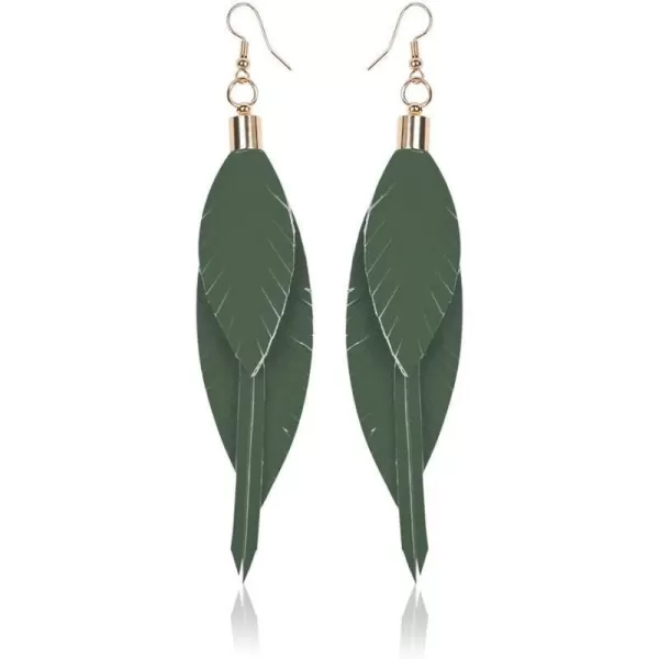 Lightweight Layered Leather Palm Leaf Earrings for Women Girls Doublesided Long Big Summer Statement Drop Dangle Hook Stud Fashion Boho Beachy Party Jewelry GiftsGreen