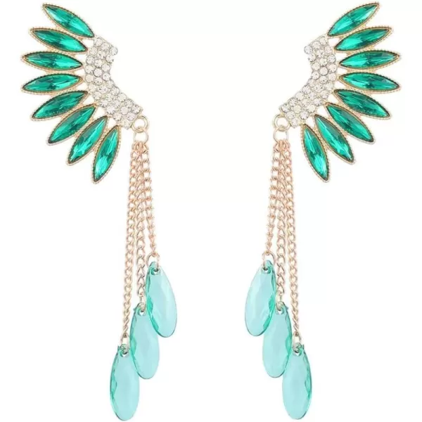 Long Crystal Wings Dangle Earrings for Women Girls Gold Plated Tassel Chain Drop Dangling Climber Stud Earring Exggerated Lightweight Christmas Birthday Wedding Jewelry GiftsGreen