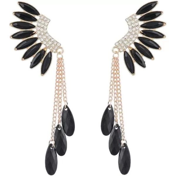 Long Crystal Wings Dangle Earrings for Women Girls Gold Plated Tassel Chain Drop Dangling Climber Stud Earring Exggerated Lightweight Christmas Birthday Wedding Jewelry GiftsBlack