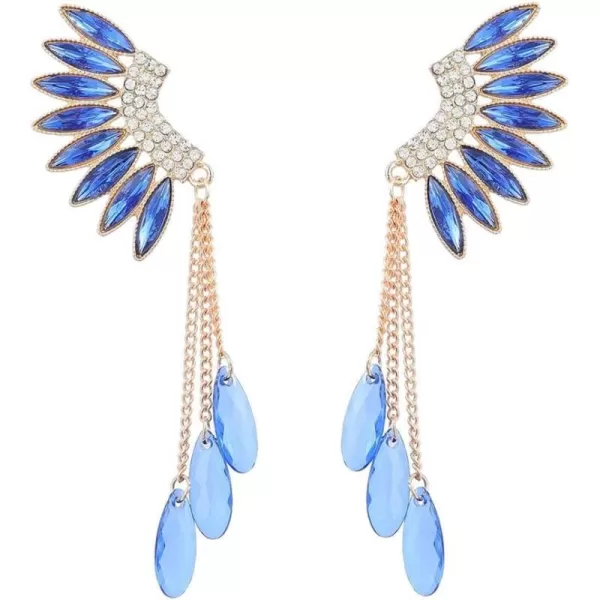 Long Crystal Wings Dangle Earrings for Women Girls Gold Plated Tassel Chain Drop Dangling Climber Stud Earring Exggerated Lightweight Christmas Birthday Wedding Jewelry GiftsBlue