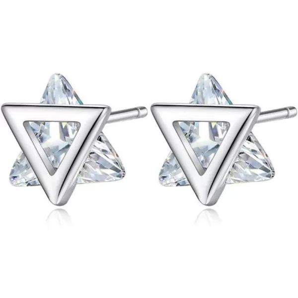 Minimalist Triangle CZ Stud Earrings for Women Girls S925 Sterling Silver Tiny Small Cute Geometrical David Star Sparkling Cubic Zirconia Hypoallergenic Pierced Ear Studs Tragus PostClear Crystal