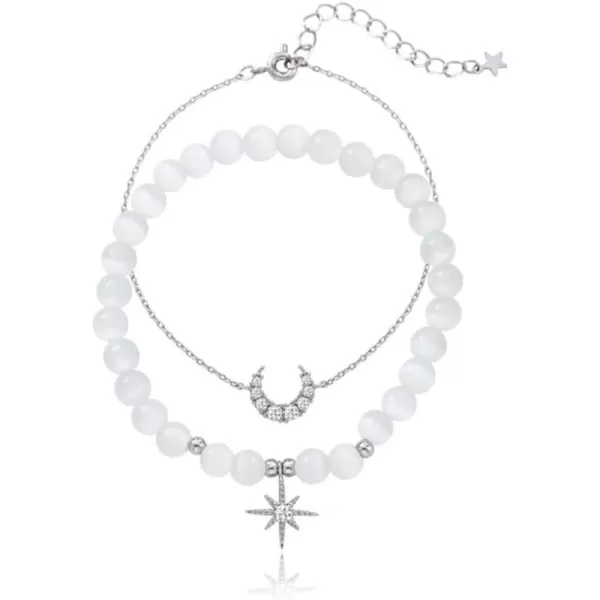 Moon Star Cat Eye Stretch Bracelet CZ Ball Beaded Bracelets Set for Women Girls Dainty Wedding Friendship Charms Adjustable Link Chains Comfortable Gifts 2 PCSMoon Star Cat Eye Stretch Bracelet CZ Ball Beaded Bracelets Set for Women Girls Dainty Wedding Friendship Charms Adjustable Link Chains Comfortable Gifts 2 PCS