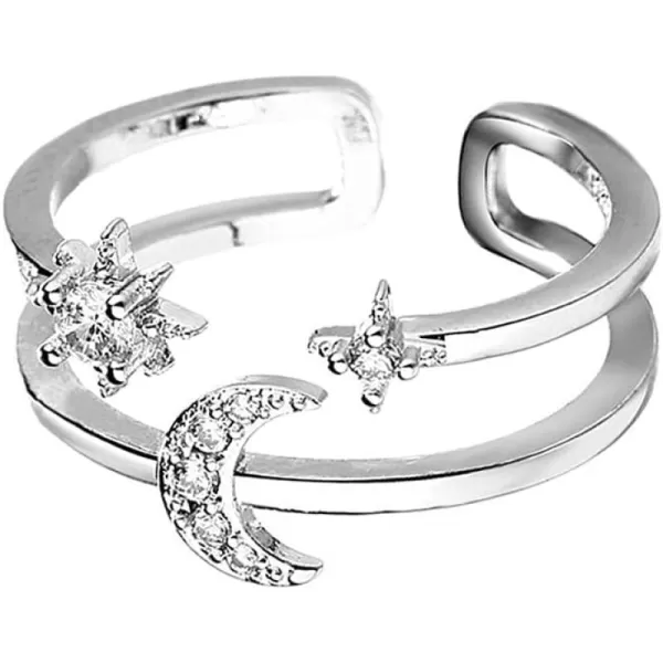 Moon Star Sun Statement Silver Plated Ring for Women Girls CZ Engagement Layered Open Band Rings Adjustable Expandable Comfort Fit Wedding Promise Birthday Party Jewelry Gift Double LinesMoon Star Sun Statement Silver Plated Ring for Women Girls CZ Engagement Layered Open Band Rings Adjustable Expandable Comfort Fit Wedding Promise Birthday Party Jewelry Gift Double Lines