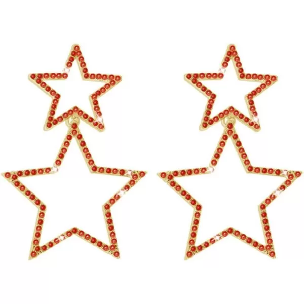 Rhinestone Big Star Dangle Earrings for Women Girls Hypoallergenic Crystal Long Tassel Stars Charms Drop Dangling Stud Fashion Lightweight Festival Christmas Birthday Party Jewelry Dainty Gifts for Friends FansGold with Red Zircon
