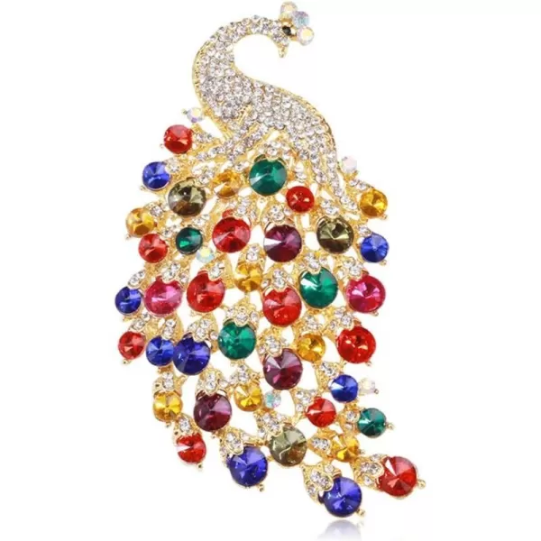 Rhinestone Peacock Brooch Pin for Women Girls Fashion Exquisite Exaggerated Big Crystal Bird Animal Brooches Lapel Pins Elegant Dress Accessories Wedding Christmas Birthday Jewelry GiftGold Plated