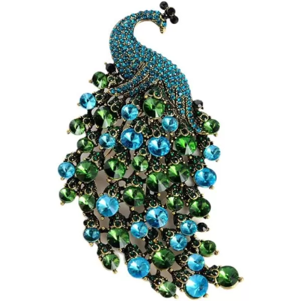 Rhinestone Peacock Brooch Pin for Women Girls Fashion Exquisite Exaggerated Big Crystal Bird Animal Brooches Lapel Pins Elegant Dress Accessories Wedding Christmas Birthday Jewelry GiftBlue Green