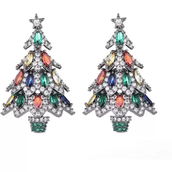 Rhinestone Xmas Tree Dangle Stud Earrings for Women Girls 925 Sterling Silver Stud Post with Charms Colorful Cubic Zirconia Chandelier Leaf Drop Dangling Fashion Dainty Christmas Holiday Jewelry GiftsBlack