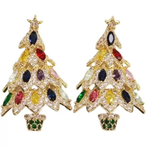Rhinestone Xmas Tree Dangle Stud Earrings for Women Girls 925 Sterling Silver Stud Post with Charms Colorful Cubic Zirconia Chandelier Leaf Drop Dangling Fashion Dainty Christmas Holiday Jewelry GiftsGold