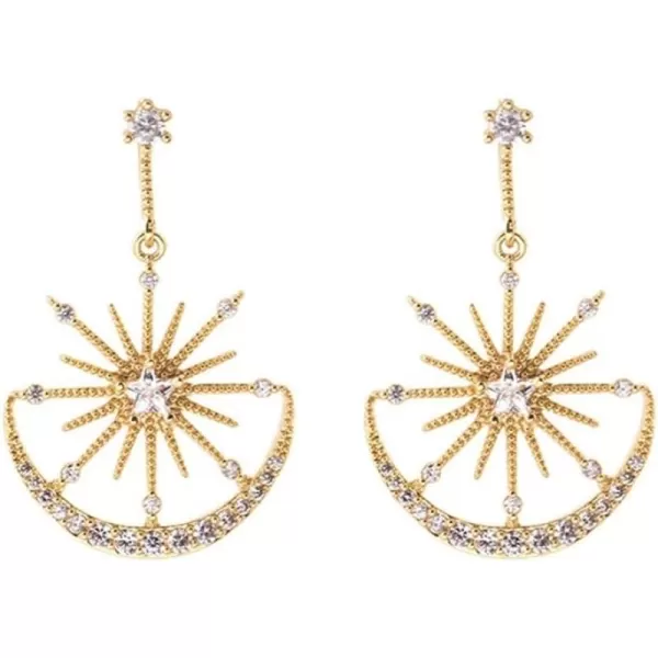 Shiny CZ Crescent Moon Star Dangle Earrings for Women Girls 925 Sterling Silver Post Pin White Gold Plated Cute Crystal Charms Drop Dangling Stud Delicate Statement Jewelry Gifts Birthday Christmas WeddingGold