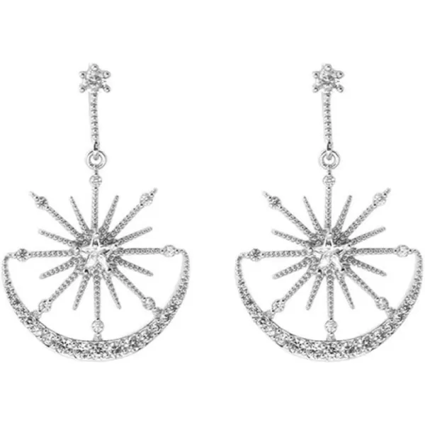 Shiny CZ Crescent Moon Star Dangle Earrings for Women Girls 925 Sterling Silver Post Pin White Gold Plated Cute Crystal Charms Drop Dangling Stud Delicate Statement Jewelry Gifts Birthday Christmas WeddingSilver