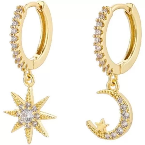Silver Moon Star Dangle Hoop Earrings for Women Girls with Charms Asymmetrical Cubic Zirconia Starlit Crescent Diamond Drop Cartilage Huggie Hoops Cute Birthday Wedding Party Jewelry GiftGold