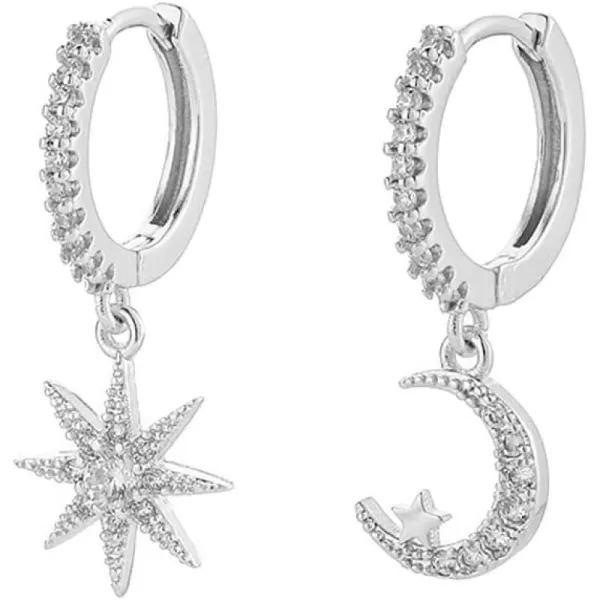 Silver Moon Star Dangle Hoop Earrings for Women Girls with Charms Asymmetrical Cubic Zirconia Starlit Crescent Diamond Drop Cartilage Huggie Hoops Cute Birthday Wedding Party Jewelry GiftSilver