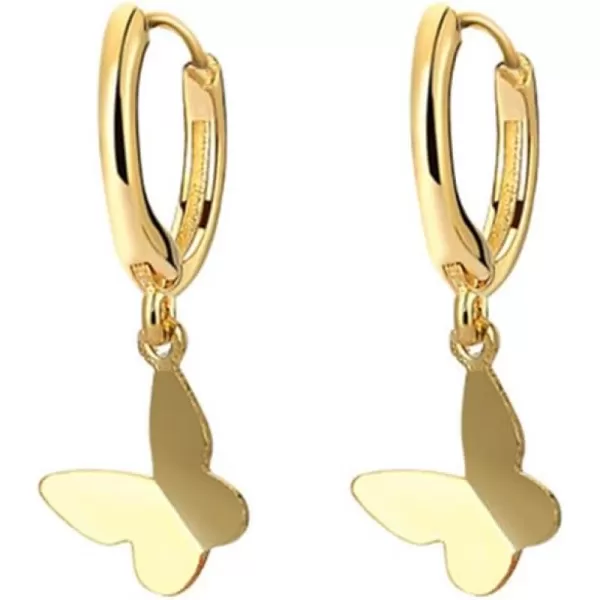 Tiny Butterfly Dangle Hoop Earrings for Women Girls 925 Sterling Silver Hypoallergenic Minimalist Small Charms Drop Dangling Huggie Hoops Cartilage Fashion Cute Jewelry Dainty GiftsGold
