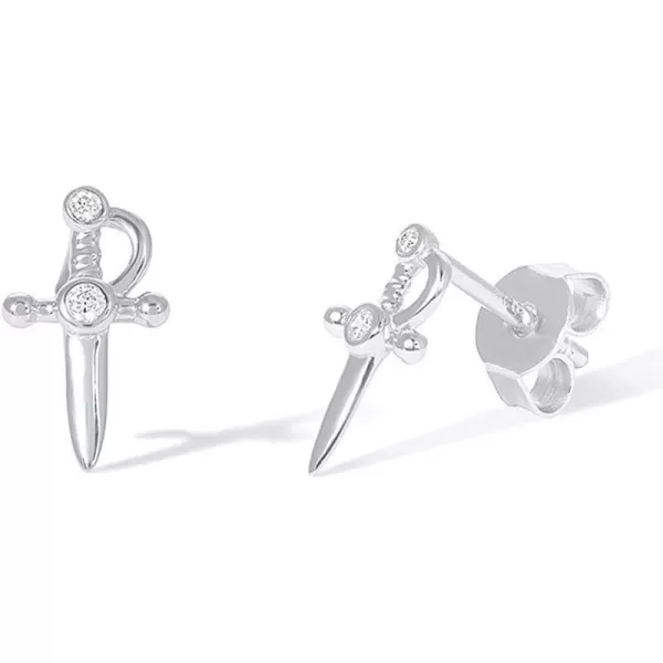 Tiny Dagger Cubic Zirconia Studs Earrings for Women Girls Men Sterling Silver Fashion Unique Small Stud Cartilage Tragus Post Pin Hypoallergenic Punk Rock Boho Jewelry Unisex Dainty BFF GiftsSilver