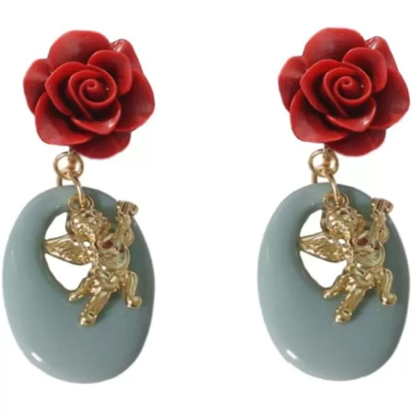 Vintage Angel Flower Dangle Earrings for Women Girls Hypoallergenic Cute Charms Red Rose Love Cupid Circle Round Drop Dangling Stud Retro Christmas Valentine Jewelry GiftsVintage Angel Flower Dangle Earrings for Women Girls Hypoallergenic Cute Charms Red Rose Love Cupid Circle Round Drop Dangling Stud Retro Christmas Valentine Jewelry Gifts