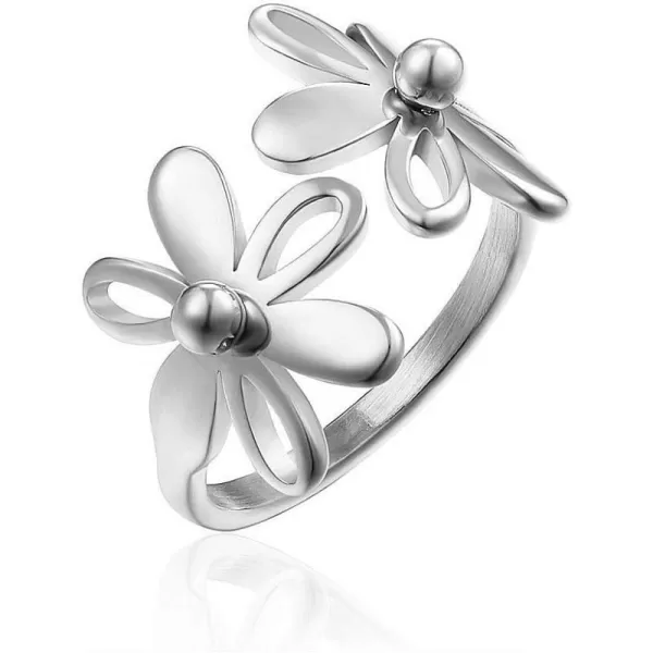Vintage Daisy Flower Stainless Steel Statement Open Ring for Women Girls Polished Comfort Fit Filigree Hawaiian Sunflowers Adjustable Promise Band Rings Birthday Holiday Gifts BFF MomSilver Size 7