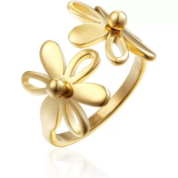 Vintage Daisy Flower Stainless Steel Statement Open Ring for Women Girls Polished Comfort Fit Filigree Hawaiian Sunflowers Adjustable Promise Band Rings Birthday Holiday Gifts BFF MomGold Size 6