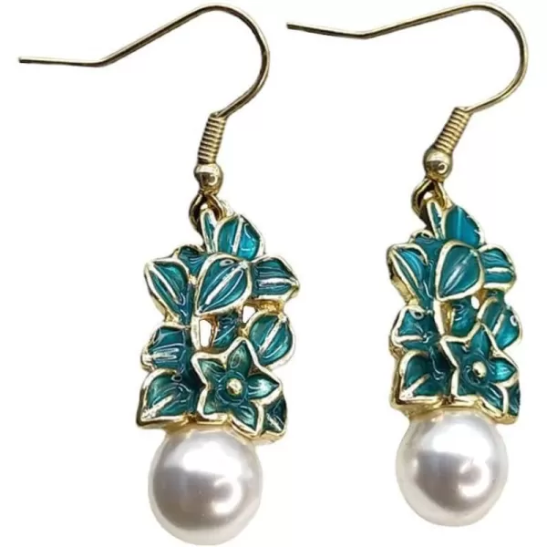 Vintage Flower Pearl Dangle Earrings for Women Girls Gold Tone Enameled Bluegreen Leaf Petal Cluster Imitation Pearls Drop Dangling Fish Hook Stud Lightweight Retro Holiday Valentine Birthday PartyVintage Flower Pearl Dangle Earrings for Women Girls Gold Tone Enameled Bluegreen Leaf Petal Cluster Imitation Pearls Drop Dangling Fish Hook Stud Lightweight Retro Holiday Valentine Birthday Party