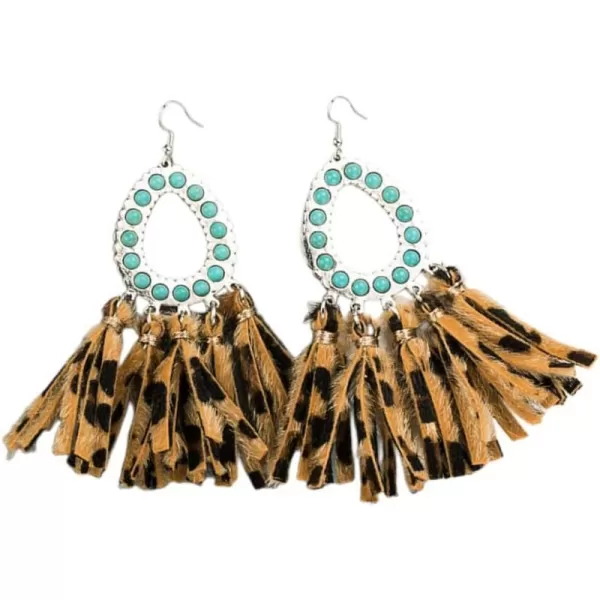 Vintage Tassel Leather Statement Drop Dangle Earrings for Women Girls Boho Hollow Teardrop Turquoise Colorful Ball Bead Handmade Lightweight Bohemian Jewelry Gifts Christmas HolidayLeopard Print