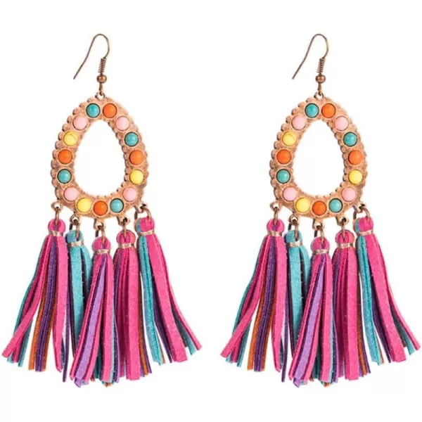Vintage Tassel Leather Statement Drop Dangle Earrings for Women Girls Boho Hollow Teardrop Turquoise Colorful Ball Bead Handmade Lightweight Bohemian Jewelry Gifts Christmas HolidayRainbow