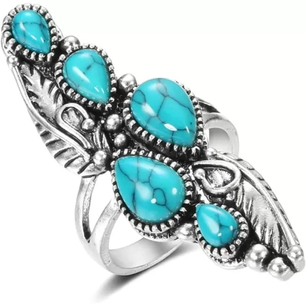 Vintage Turquoise Flower Leaf Statement Ring for Women Girls Oxidized Silver Plated Black CZ Boho Filigree Wide Band Finger Rings Comfort Fit Bohemian Indian Bollywood Wedding Birthday Retro Jewelry Size 8Teardrop