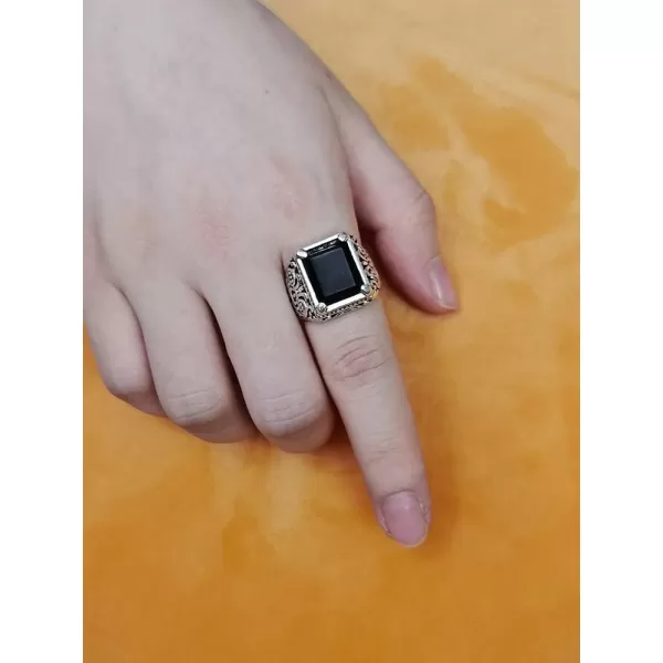 Vintage Black Square Resin Statement Ring for Women Men Silver Plated Imitation Agate Turkish Ottoman Style Wide Band Rings Comfort Fit Unisex Boho Tribal Jewelry Gift Size 9