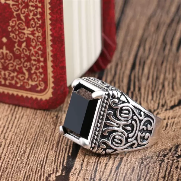 Vintage Black Square Resin Statement Ring for Women Men Silver Plated Imitation Agate Turkish Ottoman Style Wide Band Rings Comfort Fit Unisex Boho Tribal Jewelry Gift Size 9